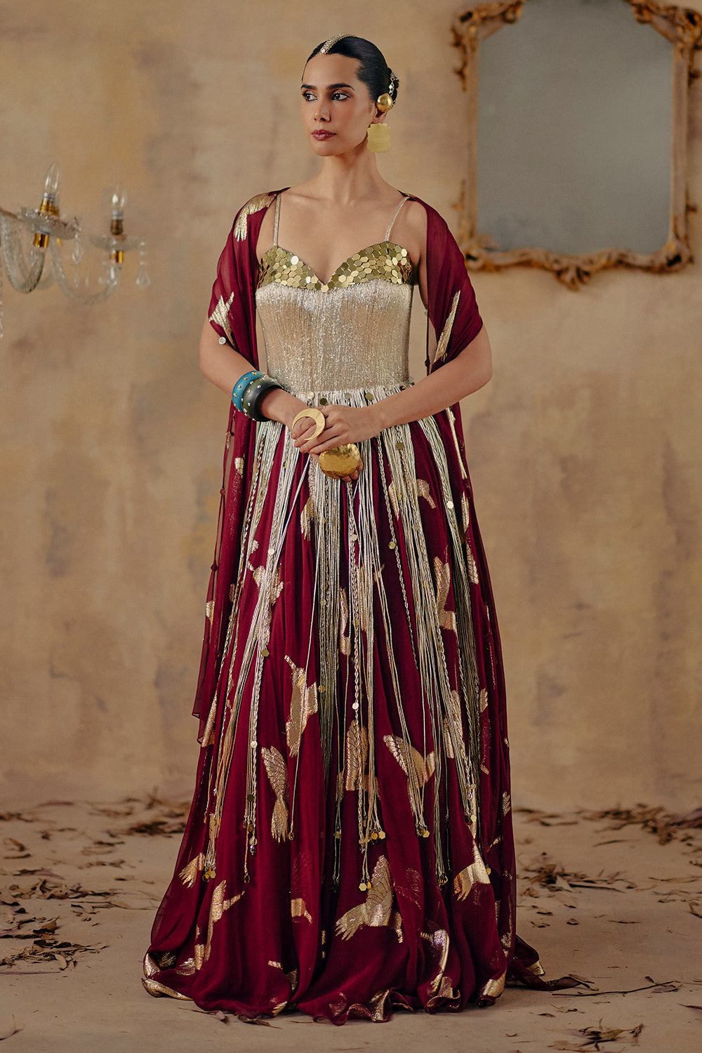 Sunehri Lau Wine Georgette Corset Lehenga Set for Festive Weddings