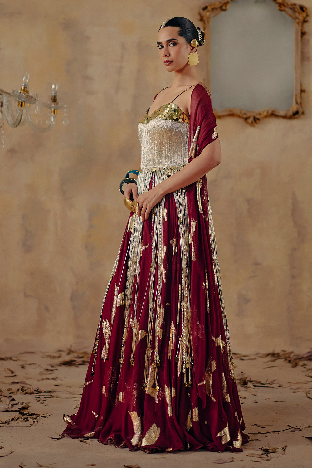 Sunehri Lau Wine Georgette Corset Lehenga Set for Festive Weddings