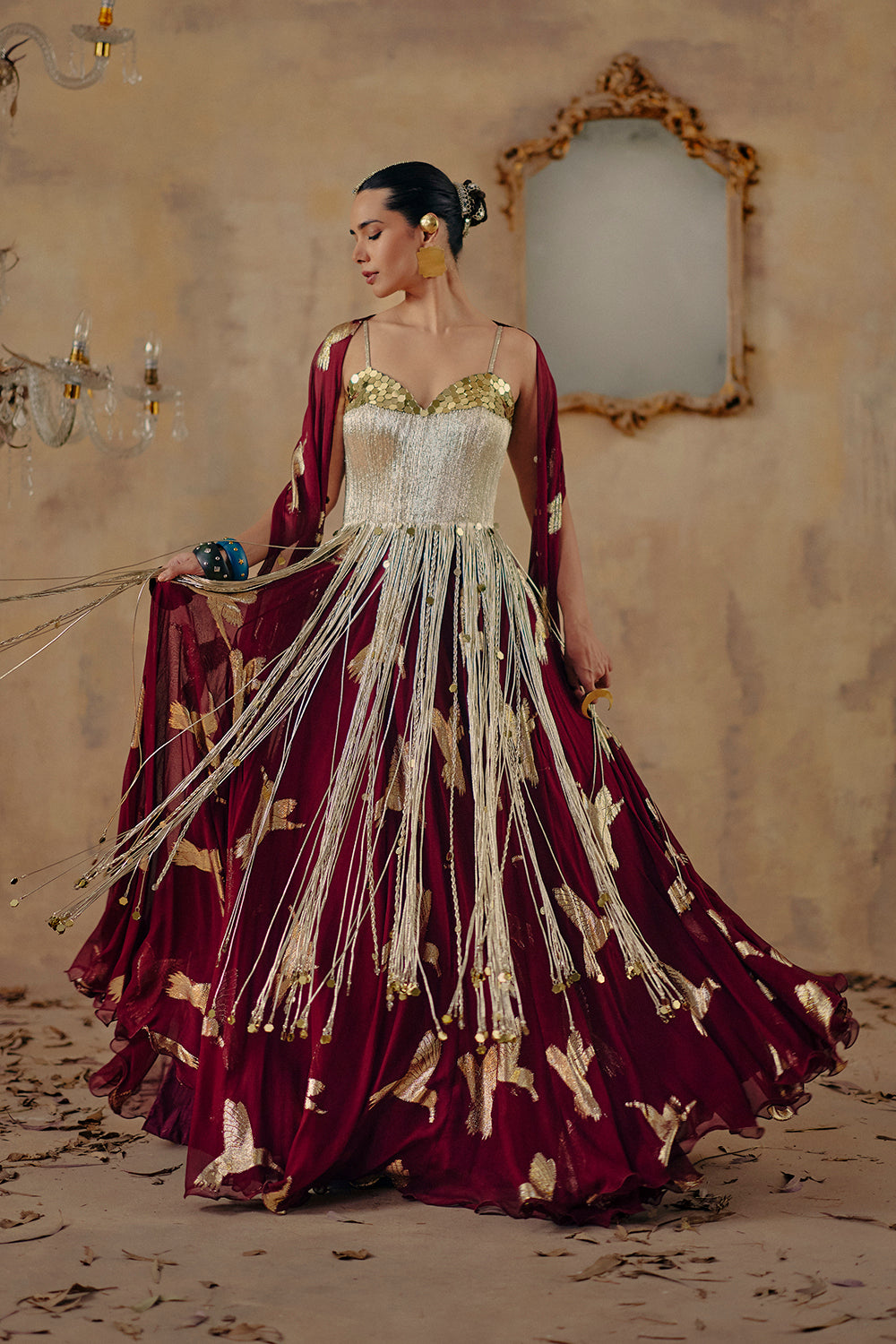 Sunehri Lau Wine Georgette Corset Lehenga Set for Festive Weddings