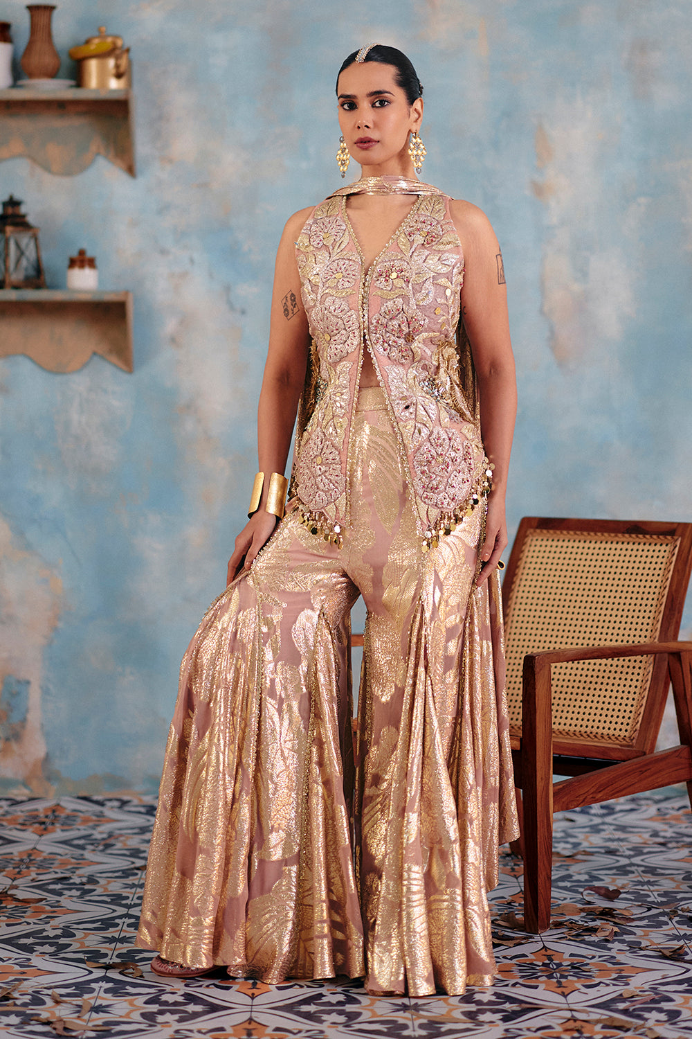 Riyana Metallic Blush & Gold Embroidered Jacket Set for Weddings