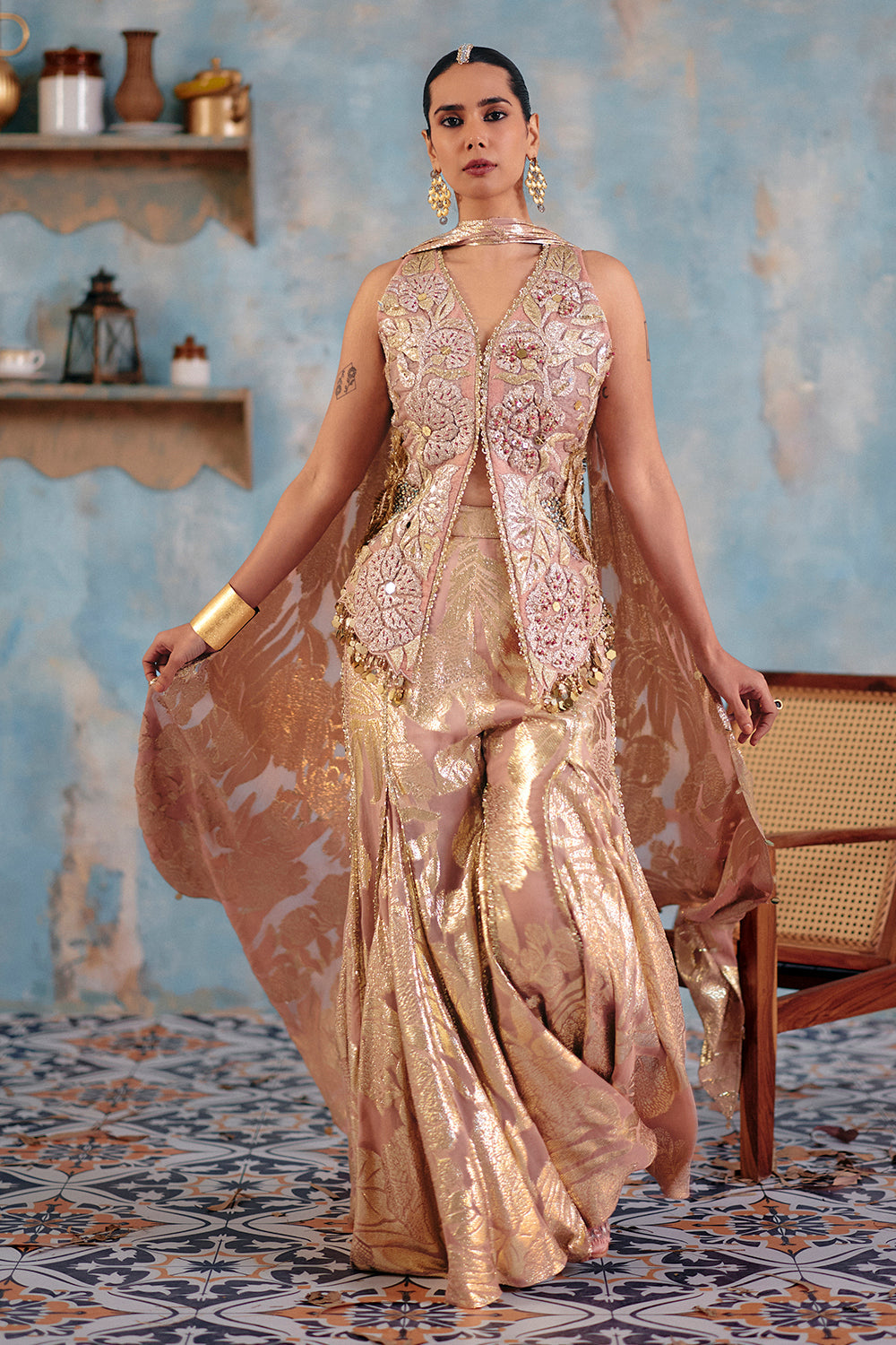 Riyana Metallic Blush & Gold Embroidered Jacket Set for Weddings