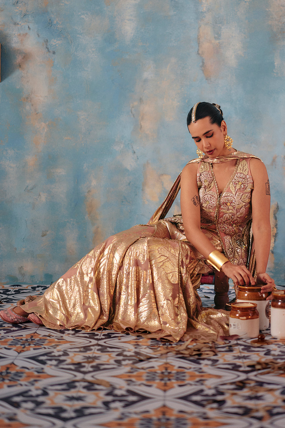 Riyana Metallic Blush & Gold Embroidered Jacket Set for Weddings