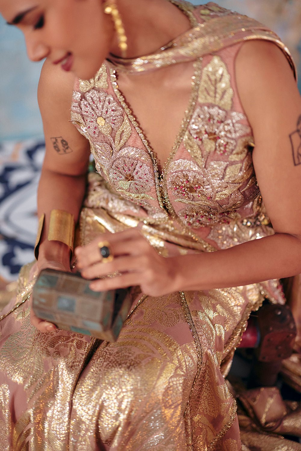 Riyana Metallic Blush & Gold Embroidered Jacket Set for Weddings