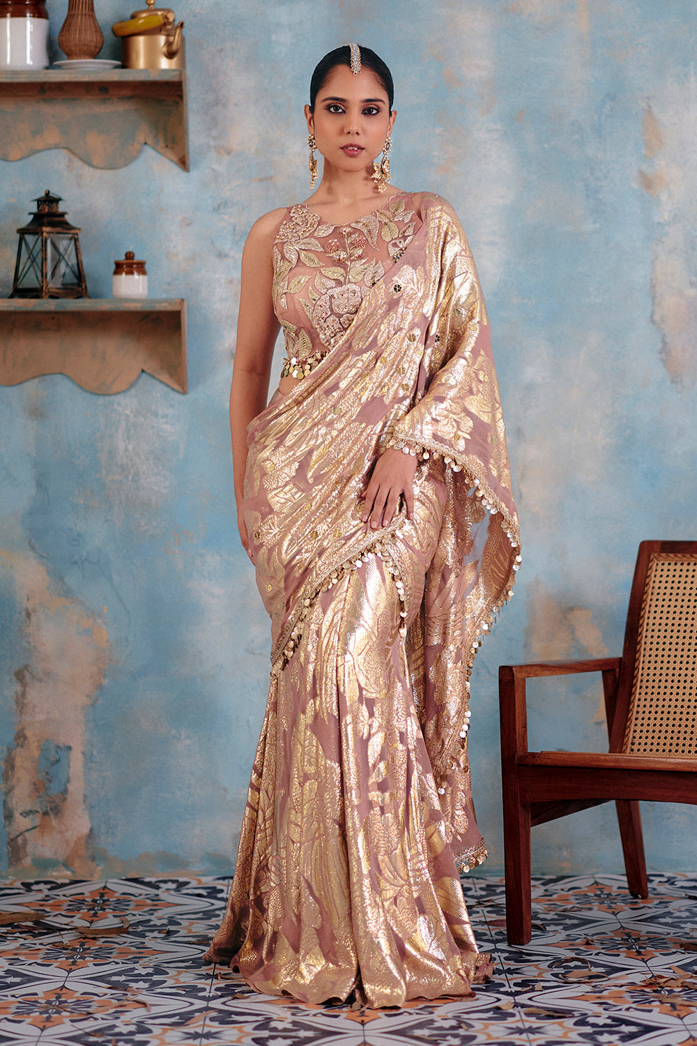 Metallic Blush Gold Jacquard Georgette Sari for Festive Weddings