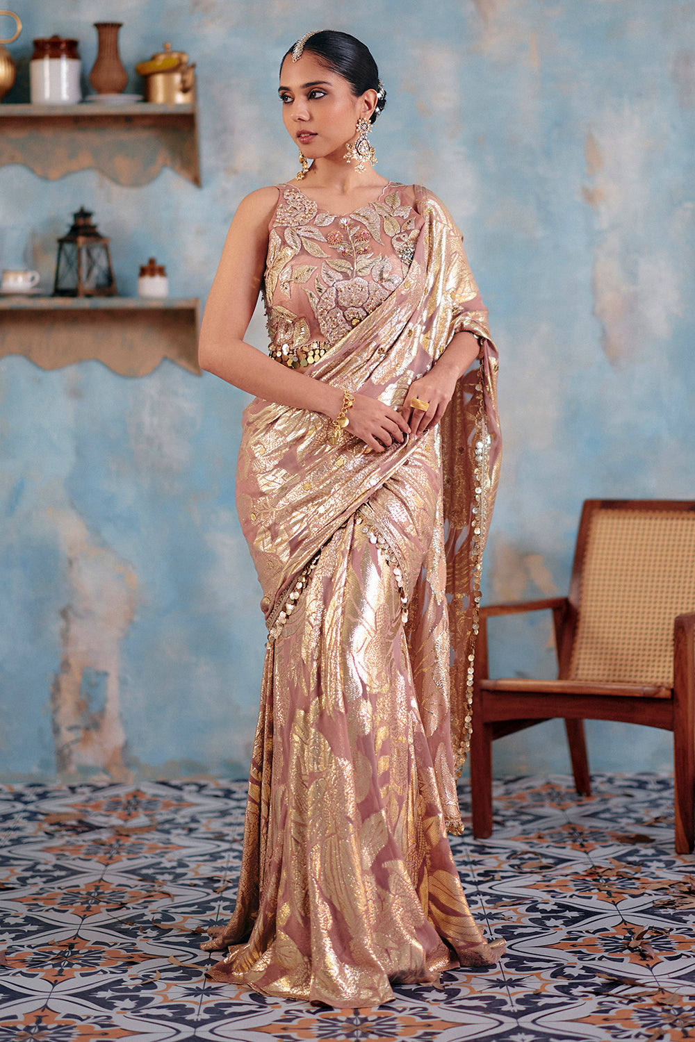 Metallic Blush Gold Jacquard Georgette Sari for Festive Weddings