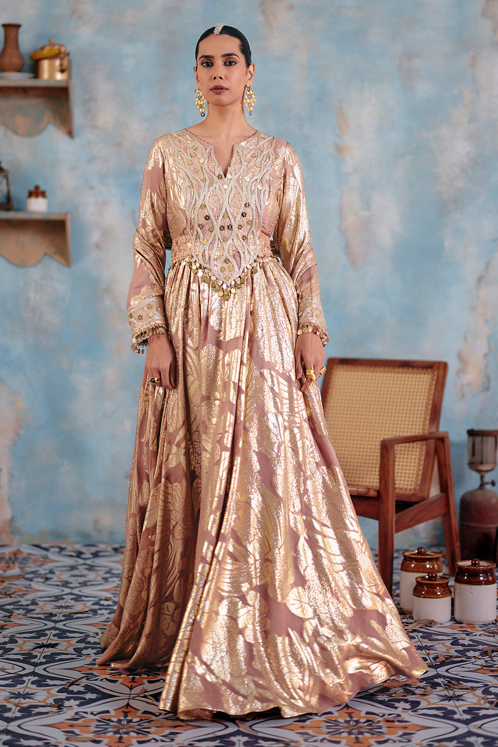 Mahnoor Metallic Blush Gold Jacquard Georgette Anarkali Set