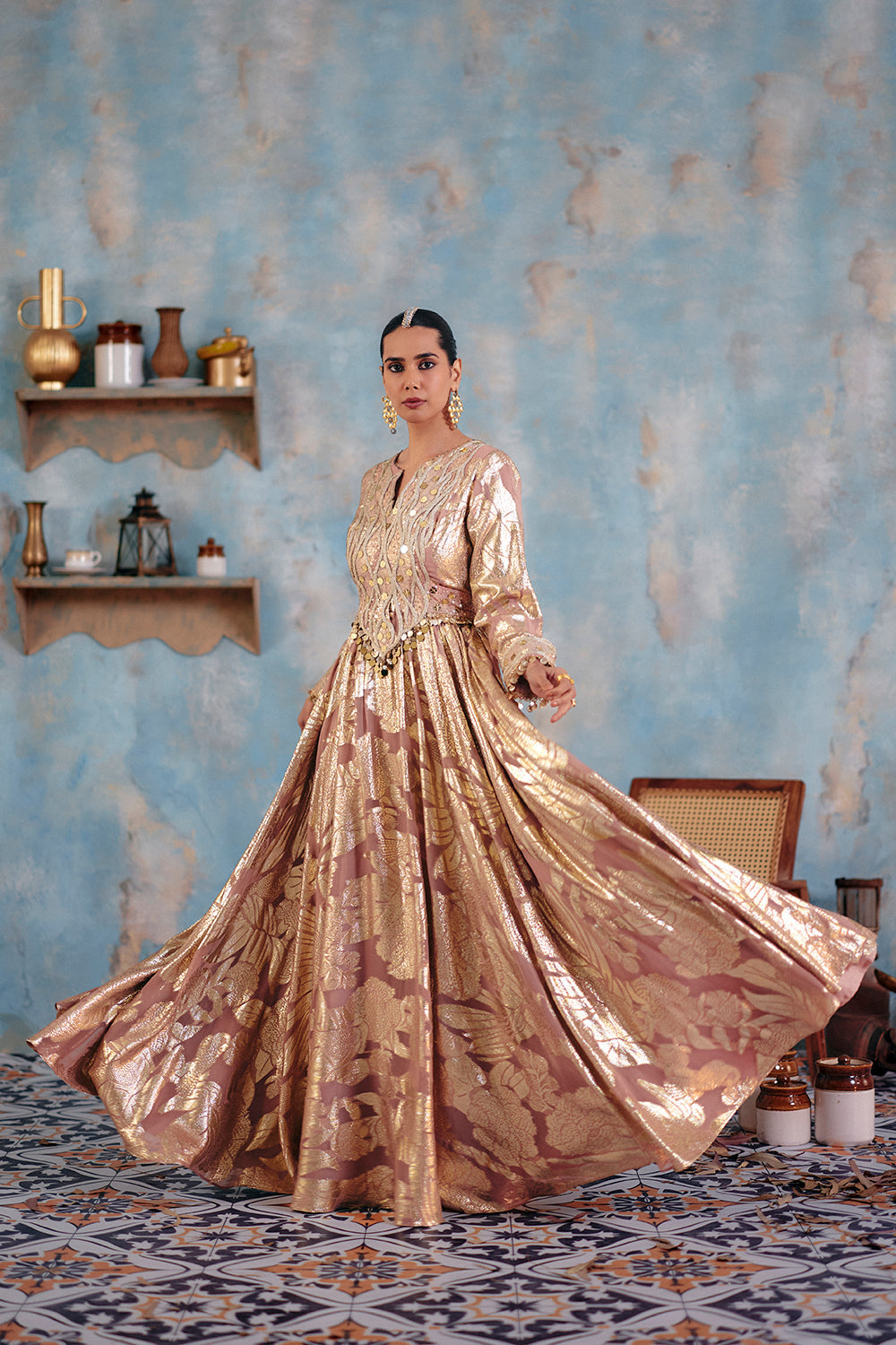 Mahnoor Metallic Blush Gold Jacquard Georgette Anarkali Set