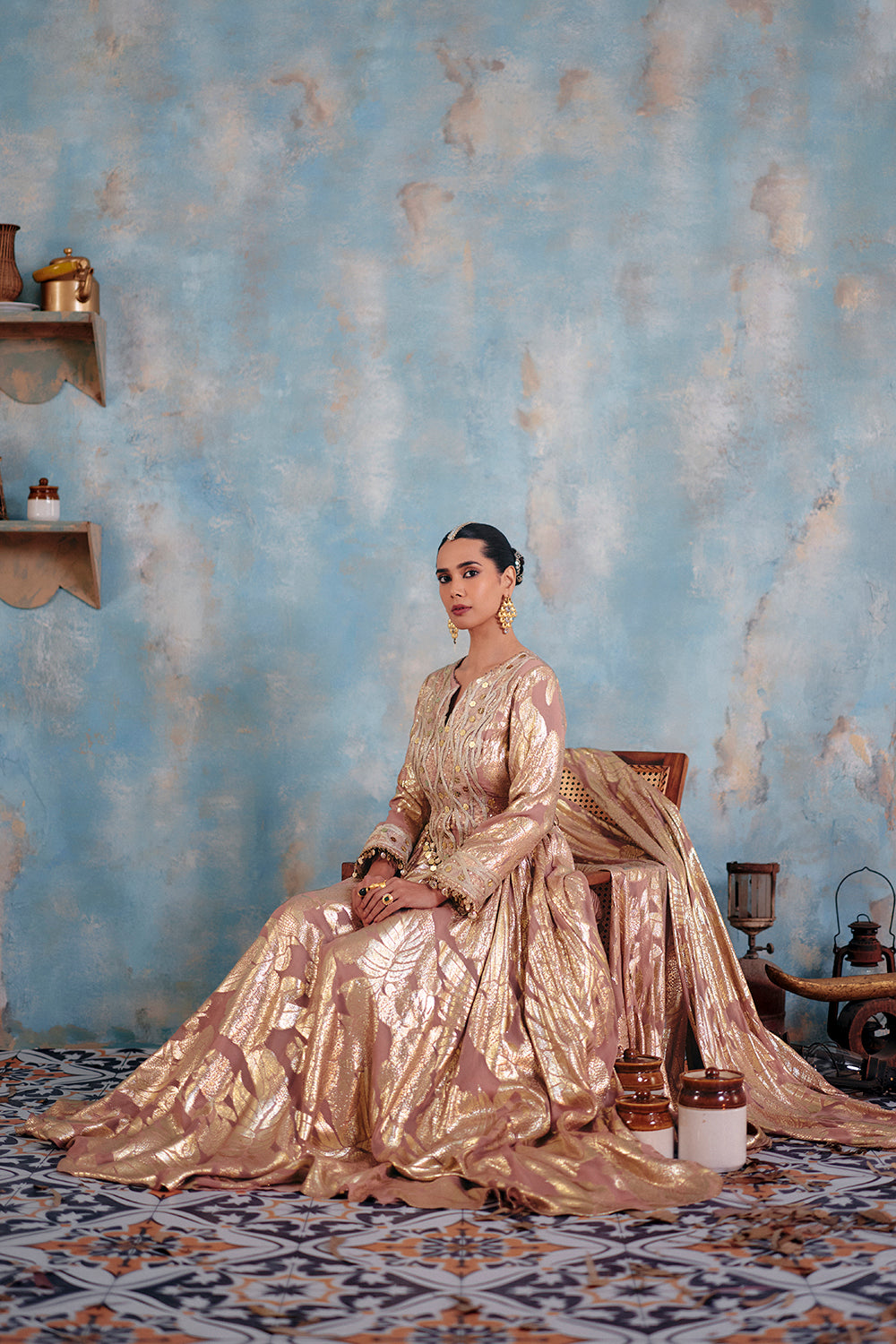 Mahnoor Metallic Blush Gold Jacquard Georgette Anarkali Set