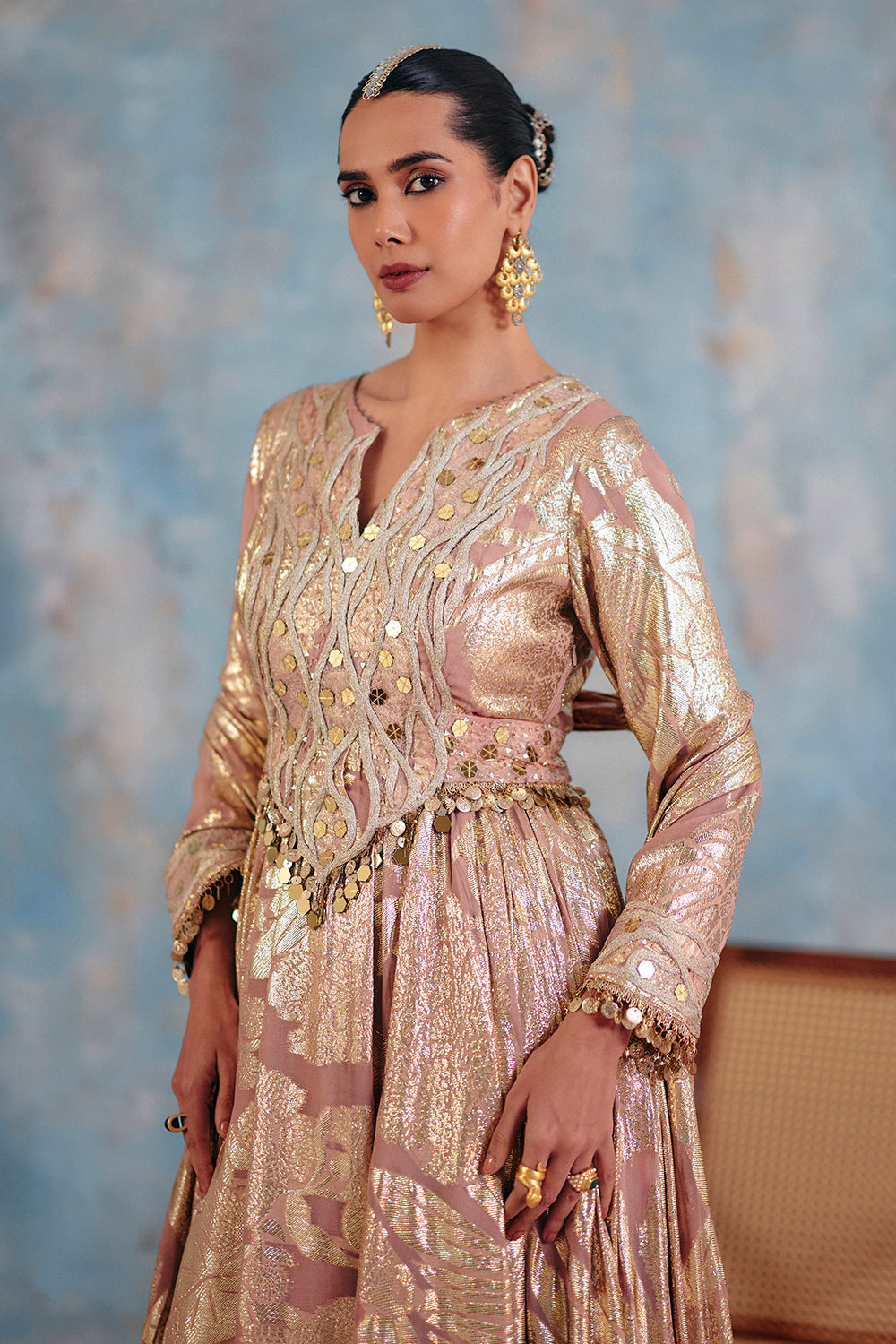 Mahnoor Metallic Blush Gold Jacquard Georgette Anarkali Set