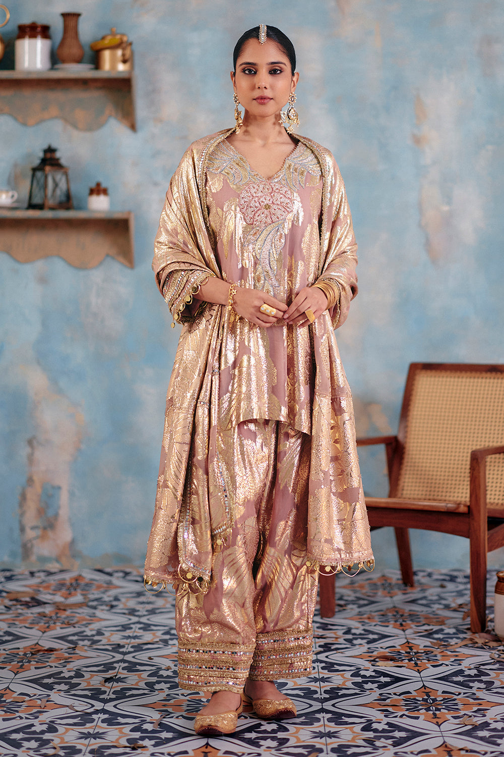 Surkh-Glow Metallic Blush-Gold Kurta Set - Elegant Festive Wear