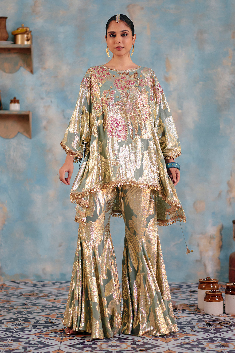 Husna Sage Green Metallic Jacquard Georgette Co-ord Set
