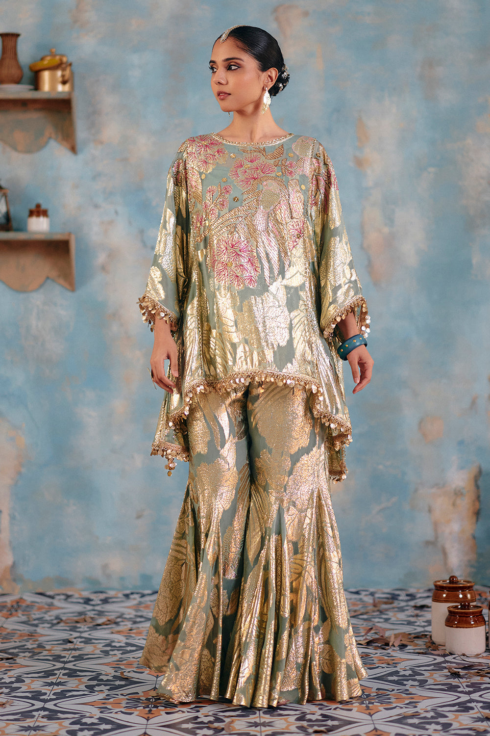 Husna Sage Green Metallic Jacquard Georgette Co-ord Set
