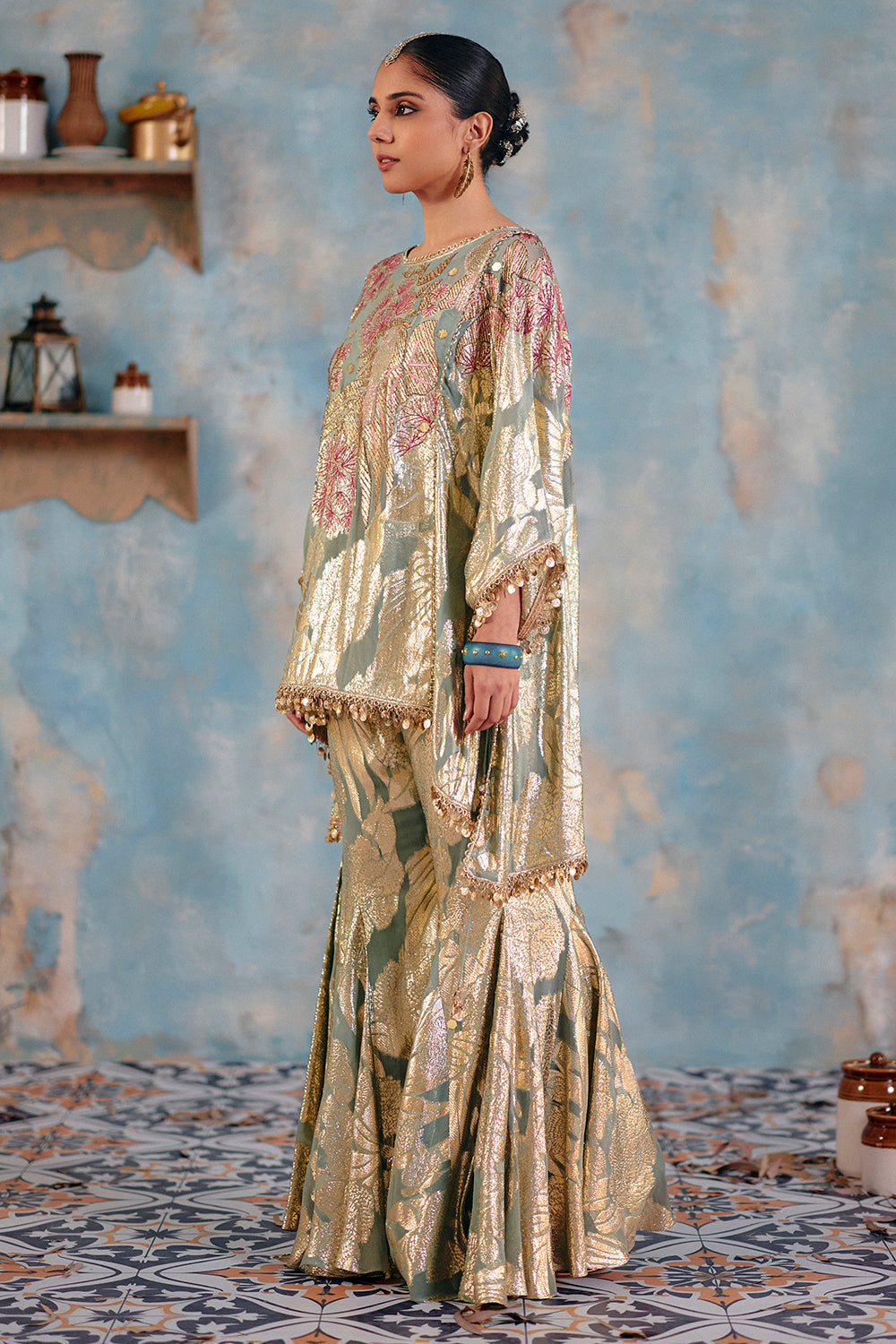 Husna Sage Green Metallic Jacquard Georgette Co-ord Set