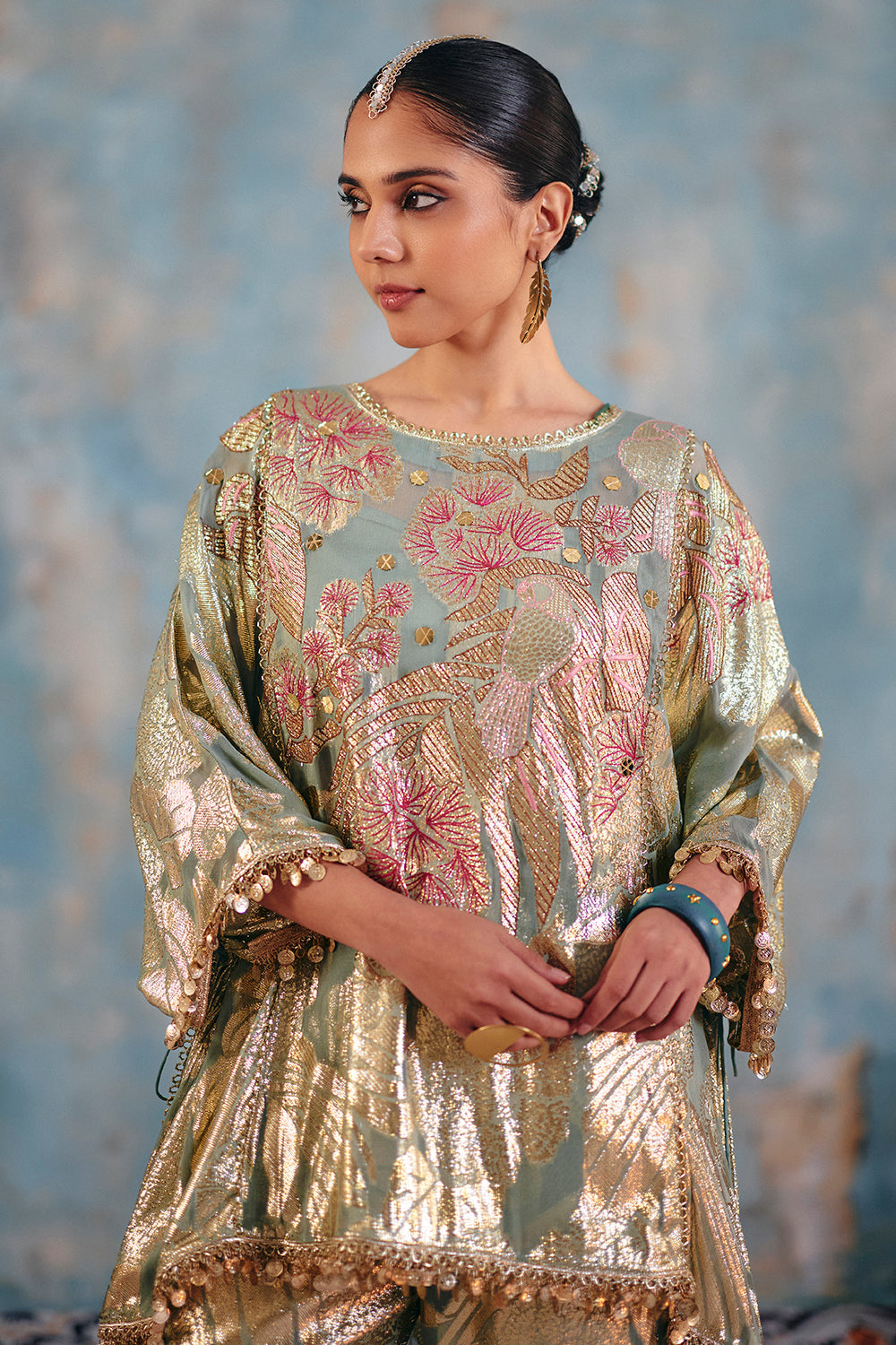 Husna Sage Green Metallic Jacquard Georgette Co-ord Set
