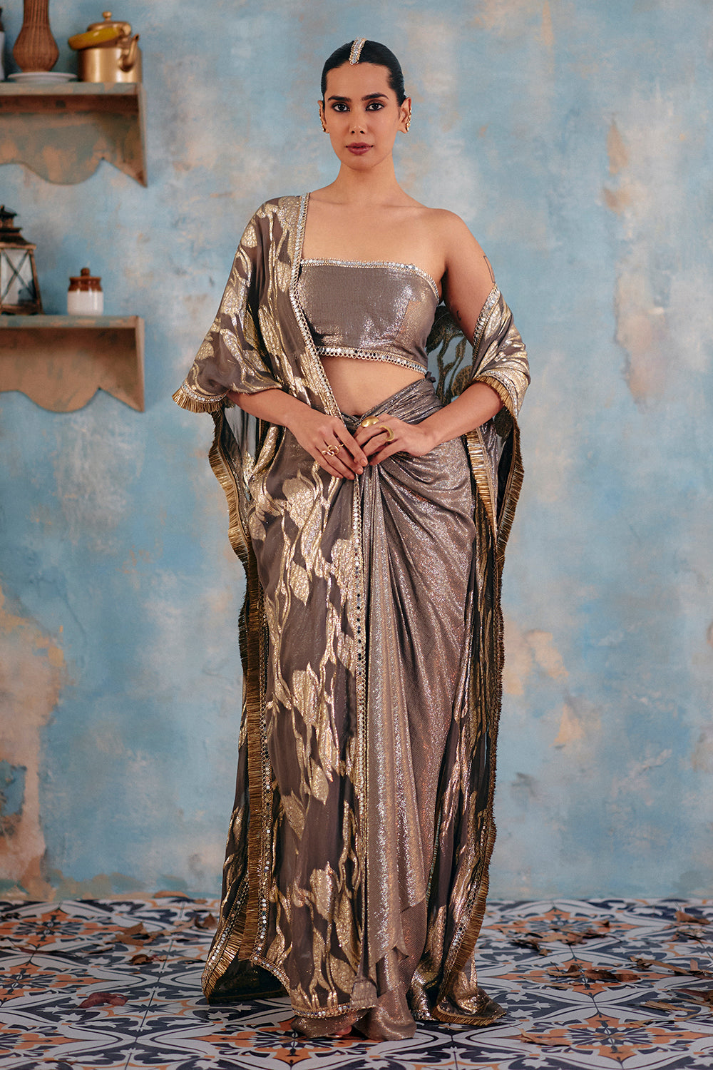 Mehtaab-E-Raat Metallic Gunmetal Pre-Draped Saree Set