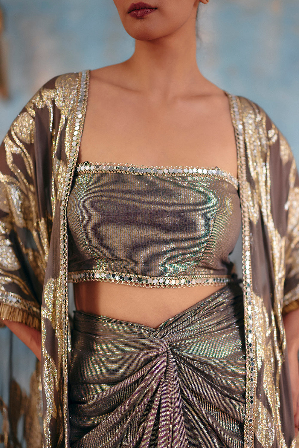 Mehtaab-E-Raat Metallic Gunmetal Pre-Draped Saree Set