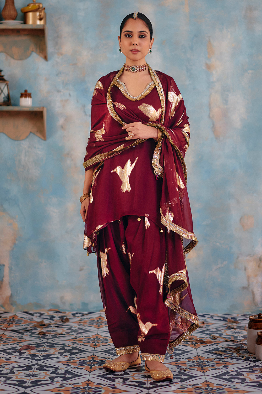 Mehnaz Deep Wine Jacquard Lurex Georgette Kurta Set - Festive Wear