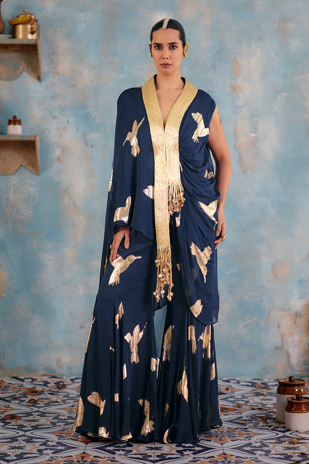 SHAAM Midnight Blue Draped Shirt with Gold Bird Motifs