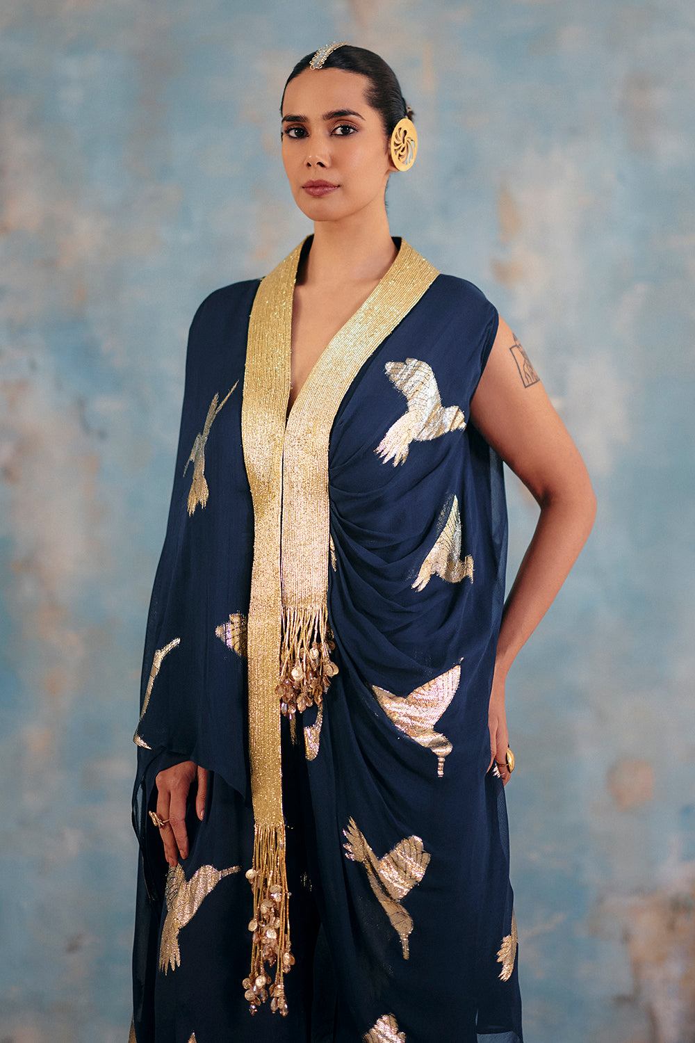 SHAAM Midnight Blue Draped Shirt with Gold Bird Motifs