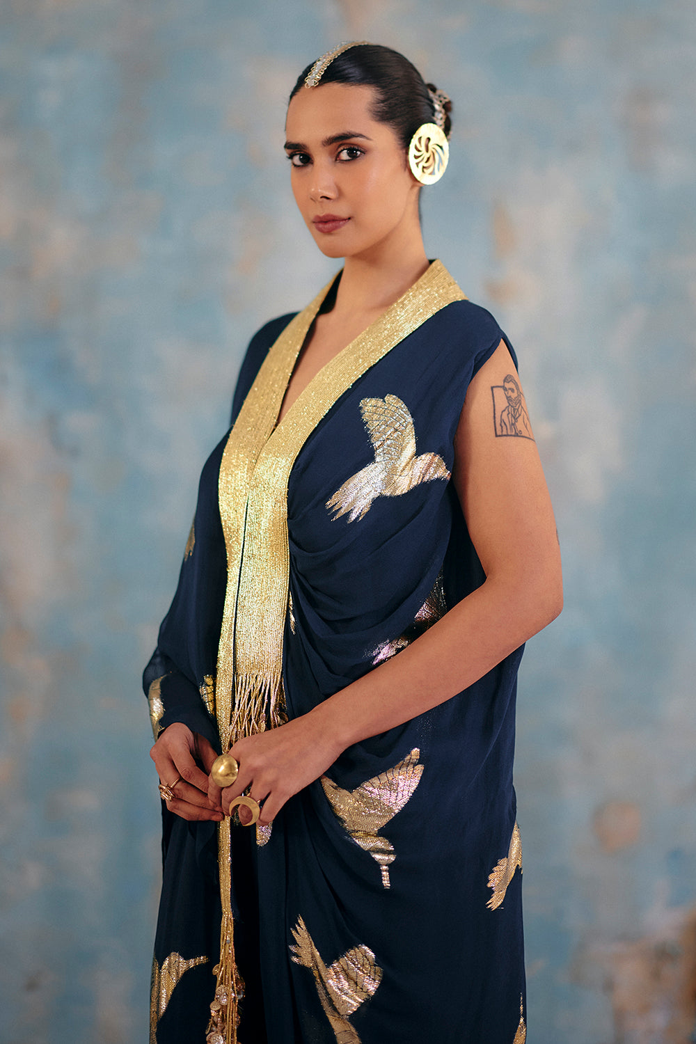 SHAAM Midnight Blue Draped Shirt with Gold Bird Motifs