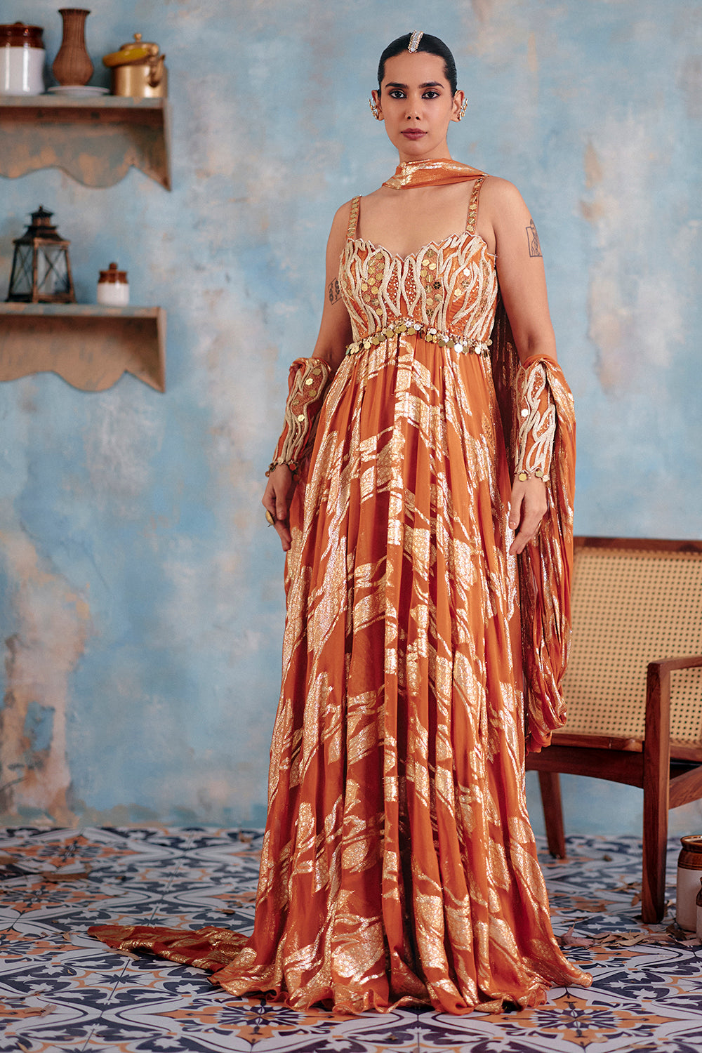 Surkh Sitara Rust Orange Floor-Length Gown with Metallic Leaf Embroidery
