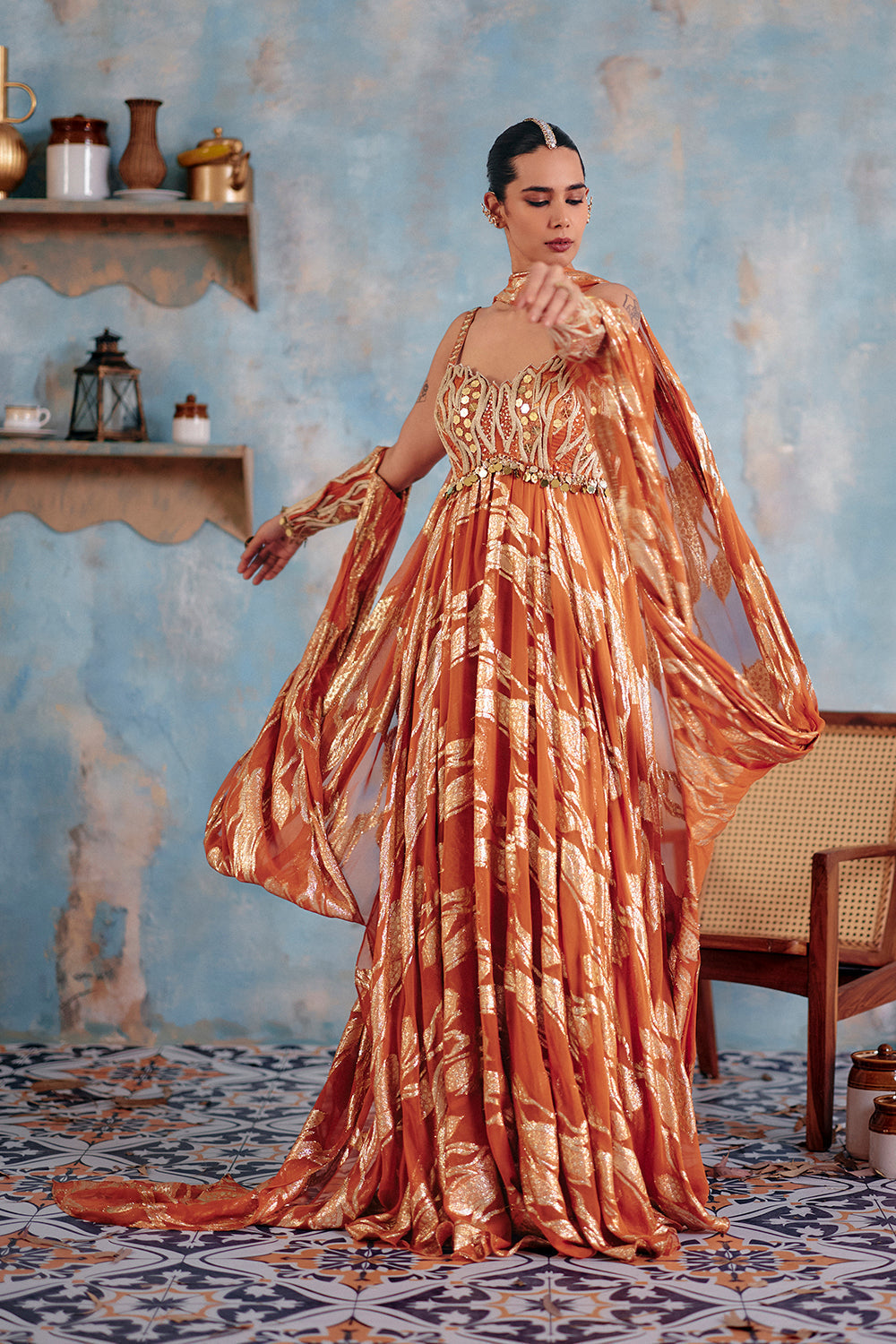 Surkh Sitara Rust Orange Floor-Length Gown with Metallic Leaf Embroidery