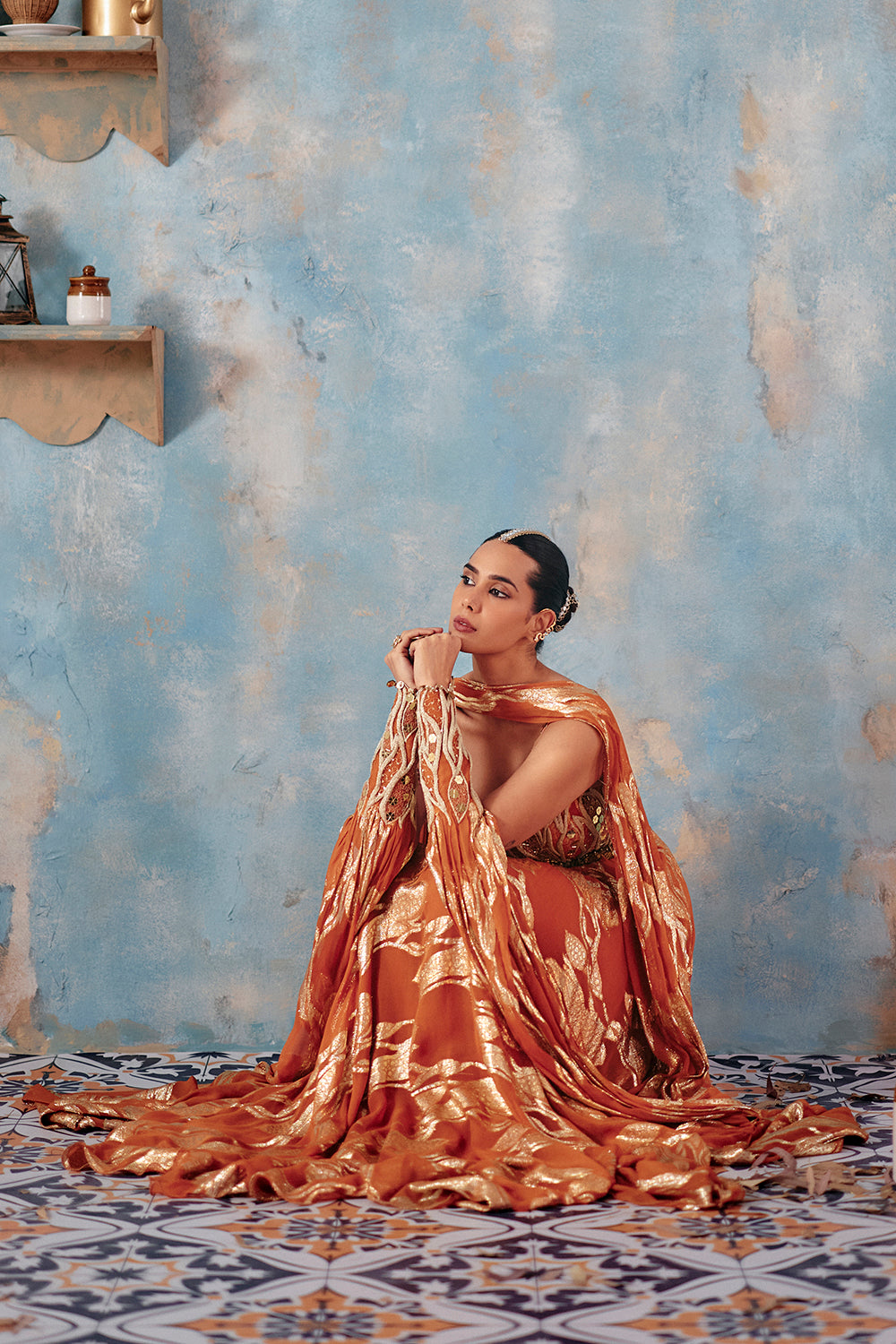 Surkh Sitara Rust Orange Floor-Length Gown with Metallic Leaf Embroidery