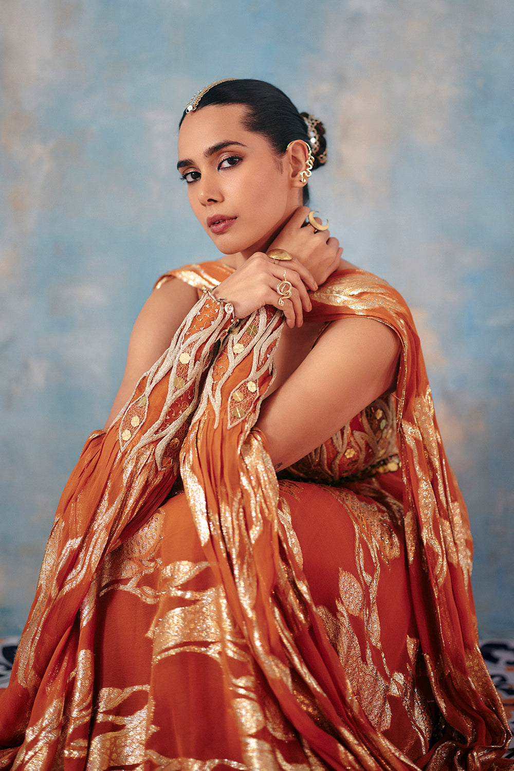 Surkh Sitara Rust Orange Floor-Length Gown with Metallic Leaf Embroidery