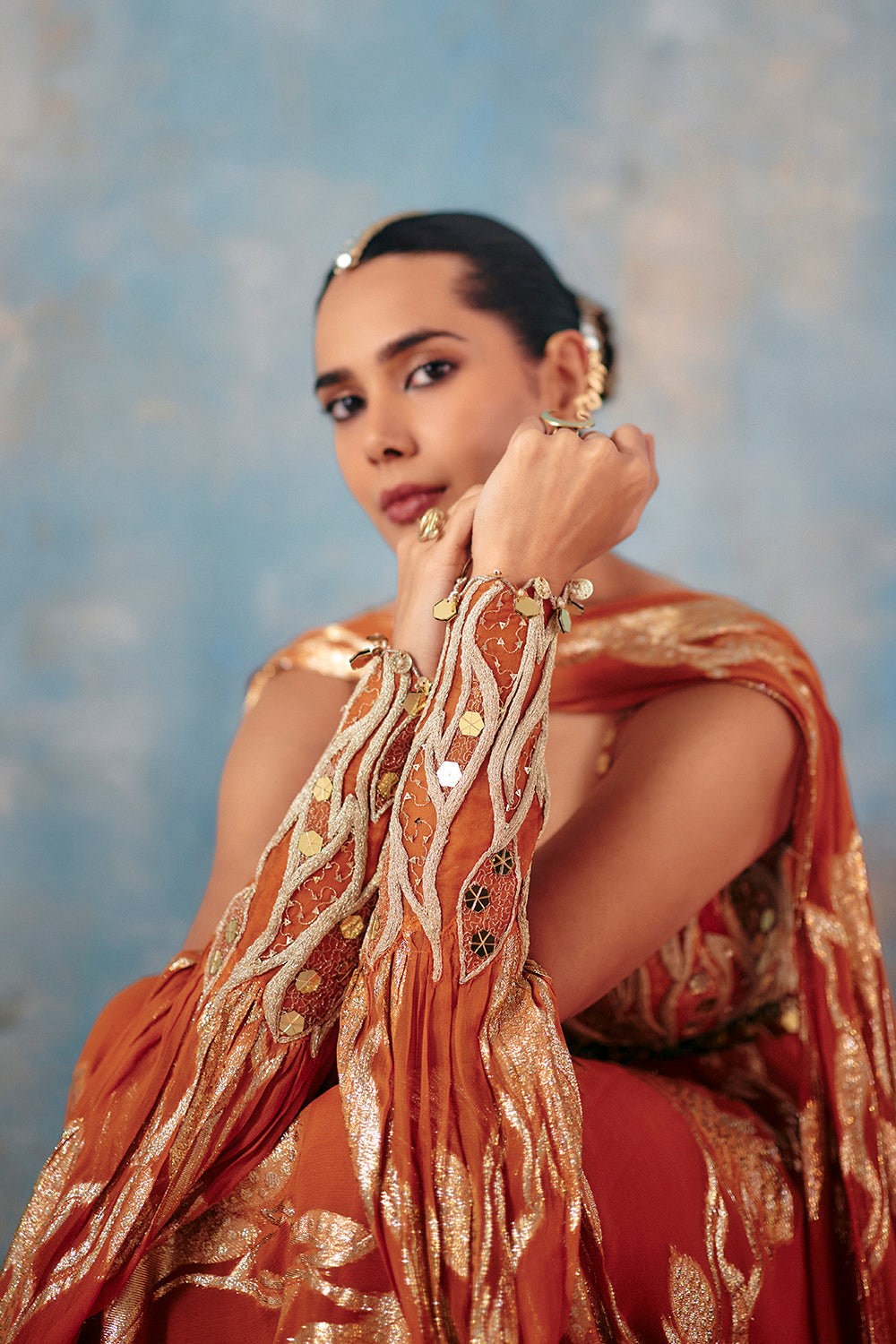 Surkh Sitara Rust Orange Floor-Length Gown with Metallic Leaf Embroidery