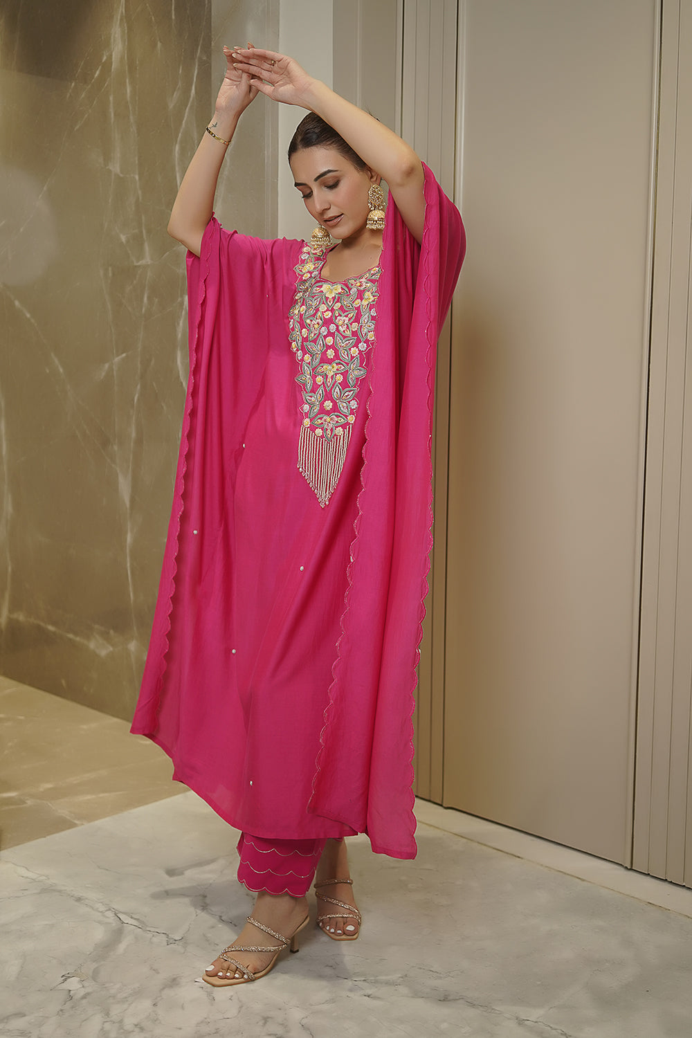 Rani Pink Cotton Silk Scallop Hemline Kaftan Palazzo Set