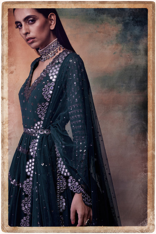 Image of Dark teal green tier anarkali