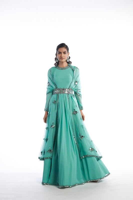 Image of DULL MINT CHIFFON ANARKALI SET