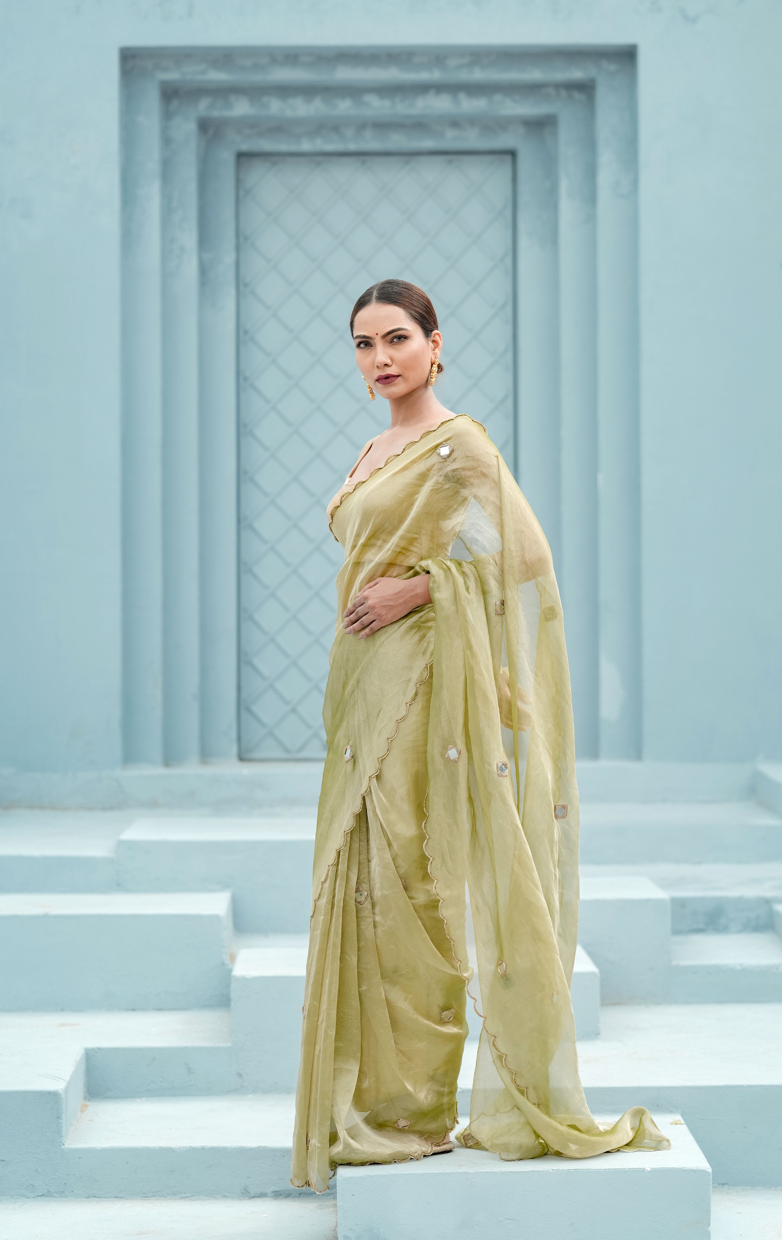 Pure tissue saree with mirror Dabka work with blouse