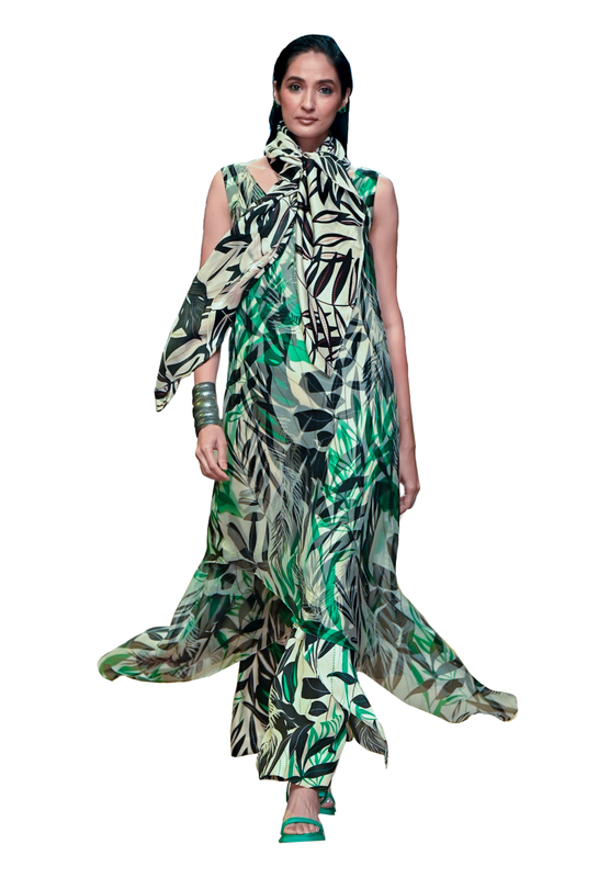 Image of Printed symmetrical dress with pants