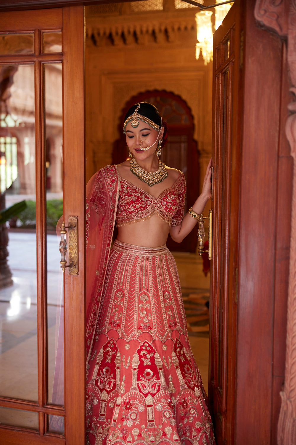 "Anamika" Coral Zardosi Hand Embroidered Bridal Lehenga Set