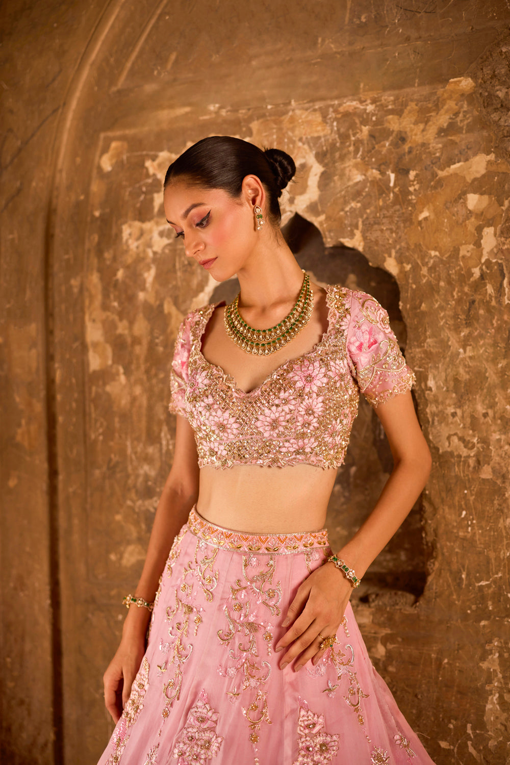 "Ananti" Pink & Golden Floral And Scallop Zardosi Embroidered Lehenga Set