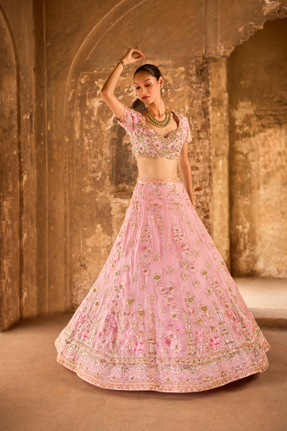 "Ananti" Pink & Golden Floral And Scallop Zardosi Embroidered Lehenga Set