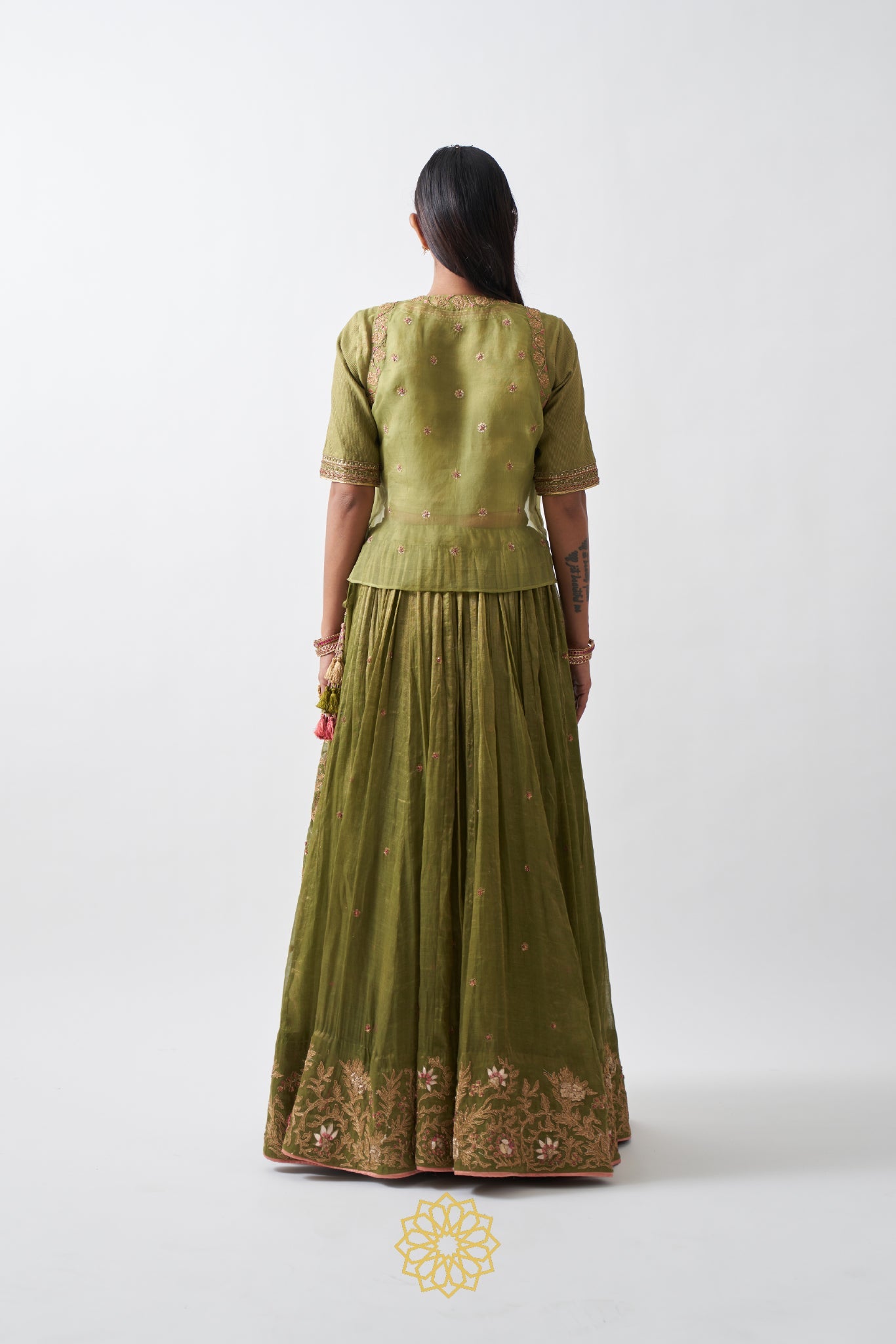 ANIKA LIME GREEN EMBROIDERED TISSUE CHANDERI LEHENGA