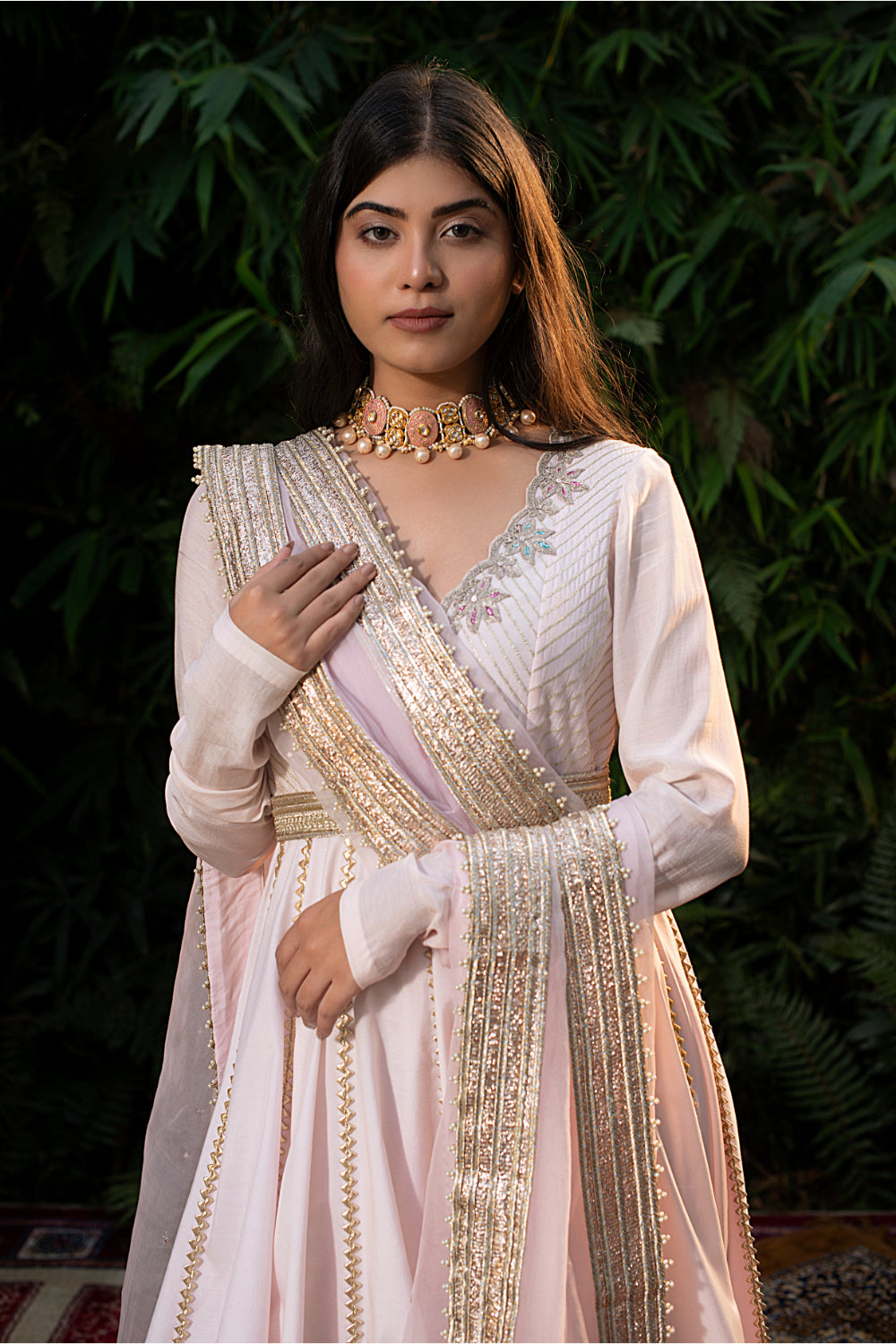 Pink Chanderi Silk Gotta Anarkali Paired With Chridar And Dupatta - Auraya Fashion 