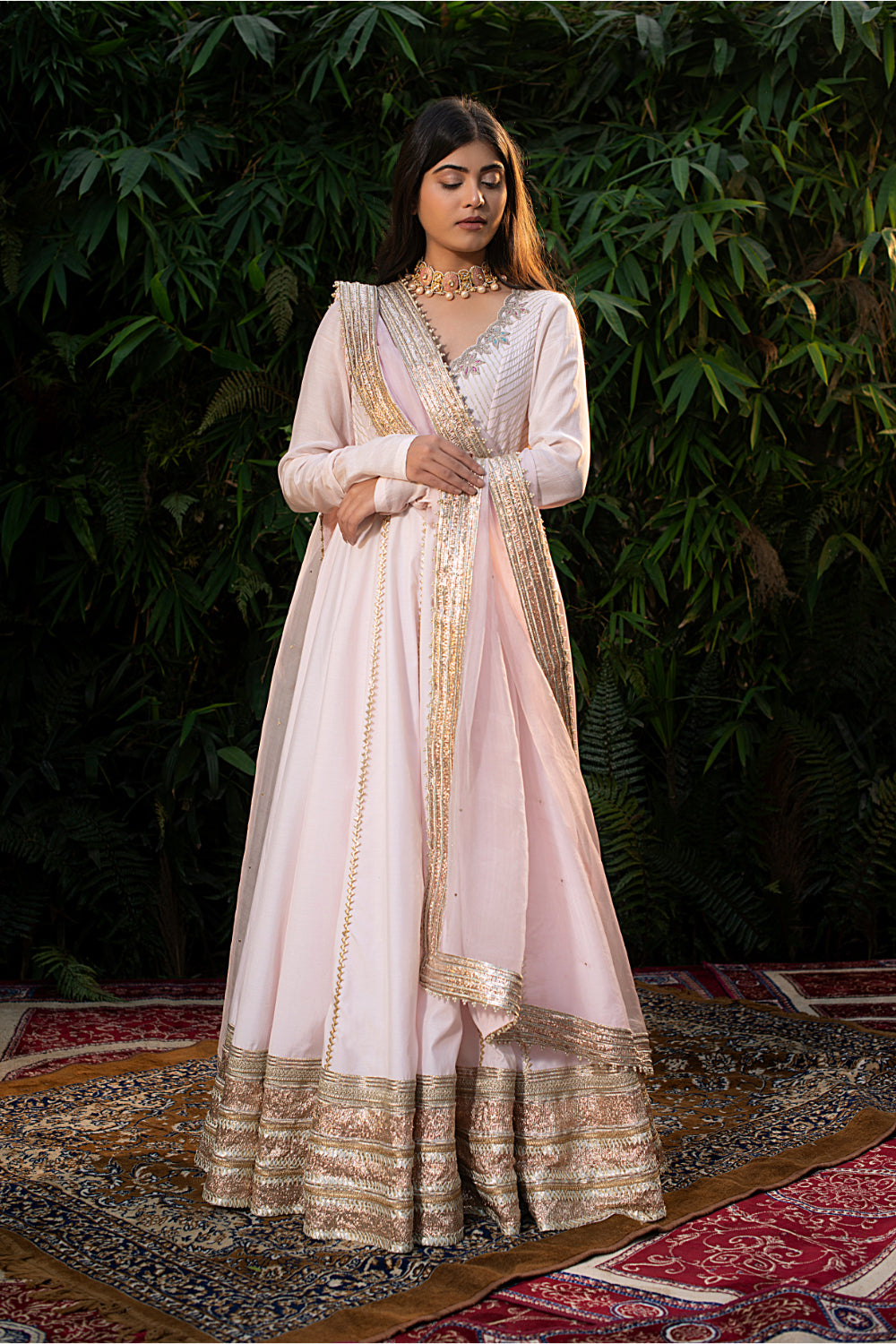 Pink Chanderi Silk Gotta Anarkali Paired With Chridar And Dupatta - Auraya Fashion - Guldavari - 