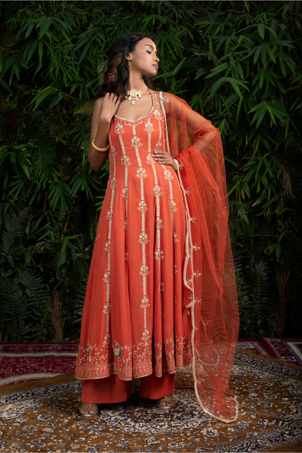 Rust Orange Georgette Anarkali Paired With Straight Pants And Tulle Dupatta - Auraya Fashion 