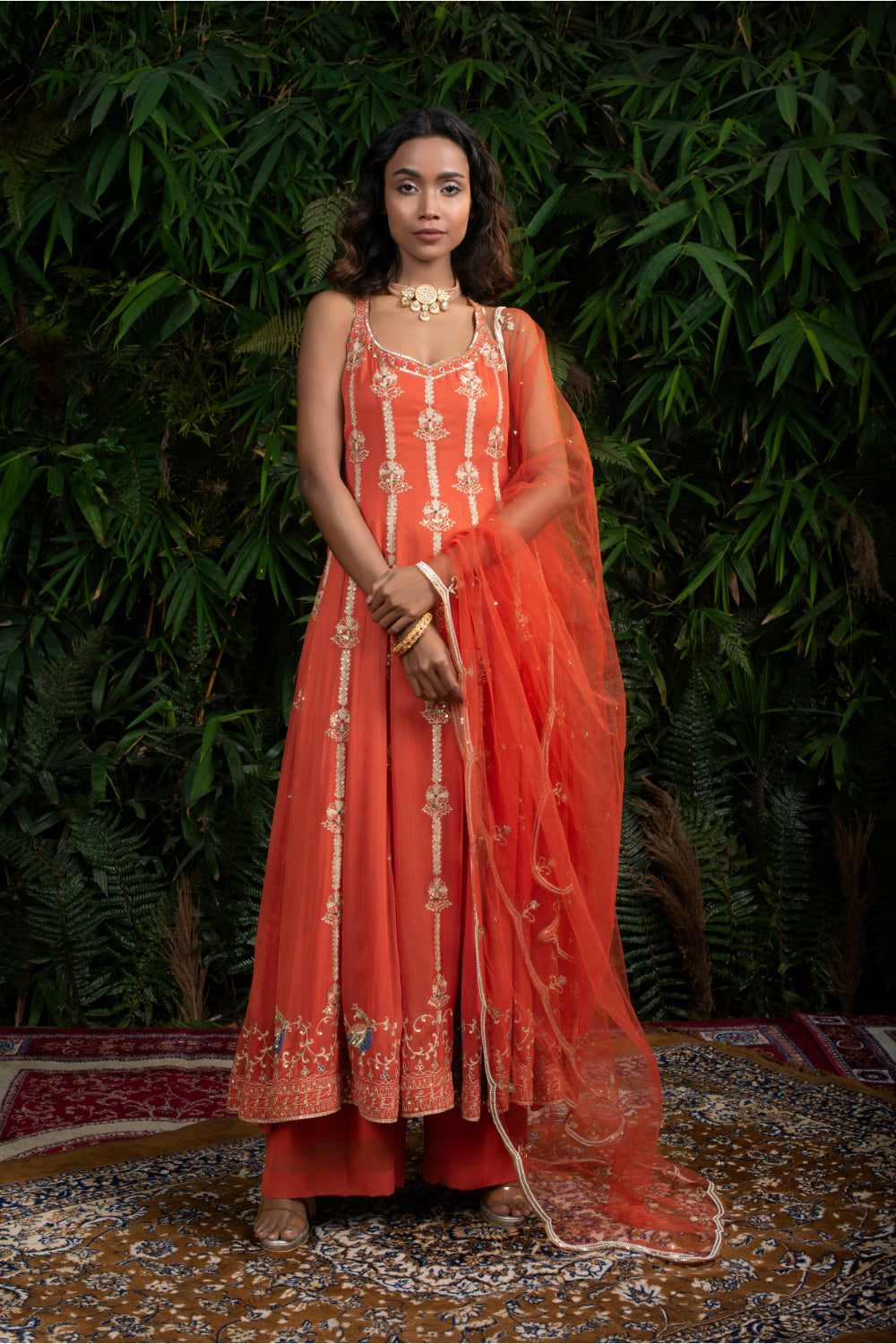 Rust Orange Georgette Anarkali Paired With Straight Pants And Tulle Dupatta - Auraya Fashion - Guldavari - 