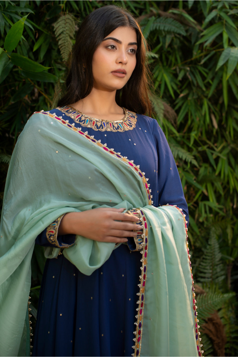 Royal Blue Short Georgette Anarkali Paired With Salwar And Ice Blue Silk  Dupatta - Auraya Fashion 