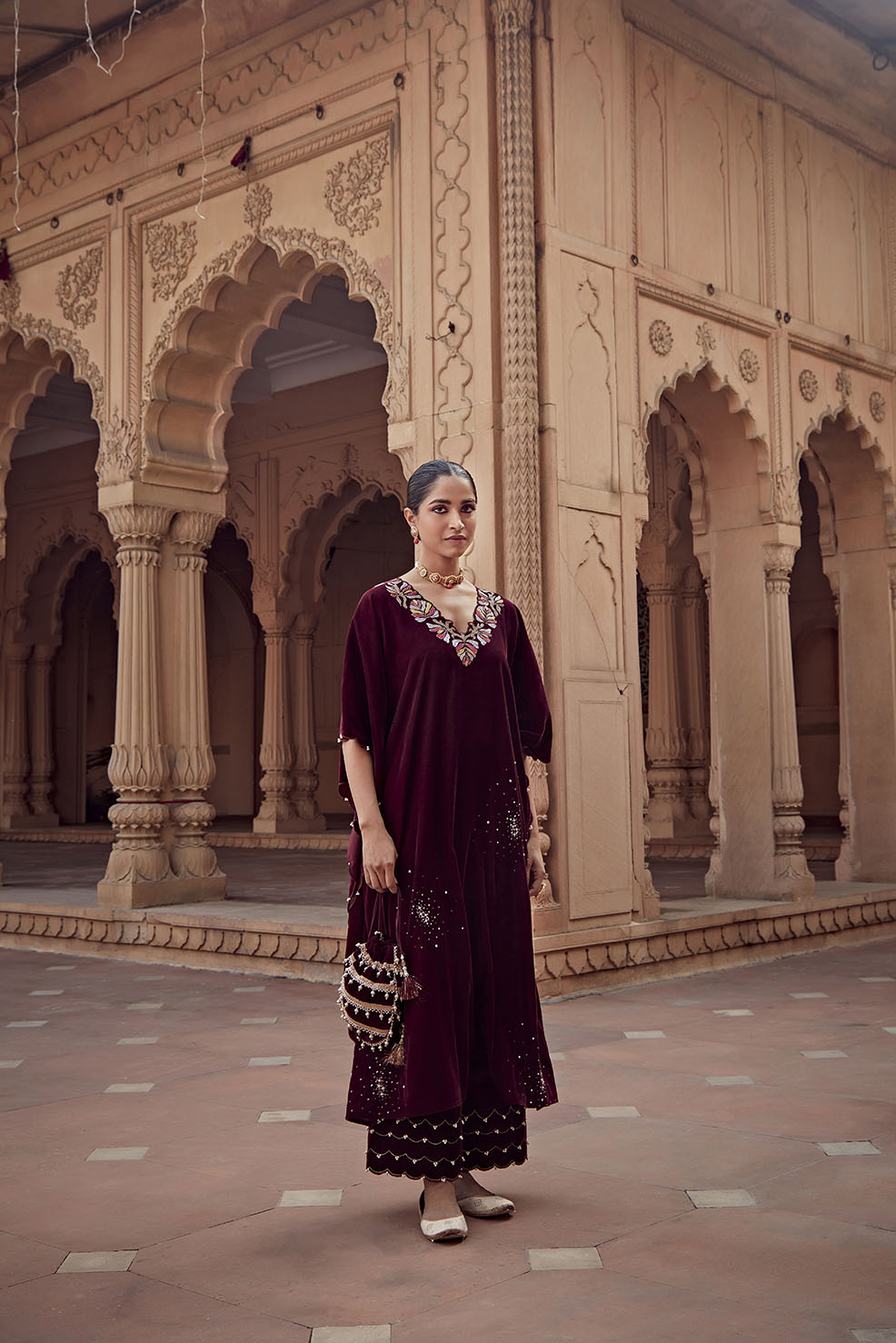 Tamanna Wine Embroidered Velvet Kaftan Set with Pearl Detailing