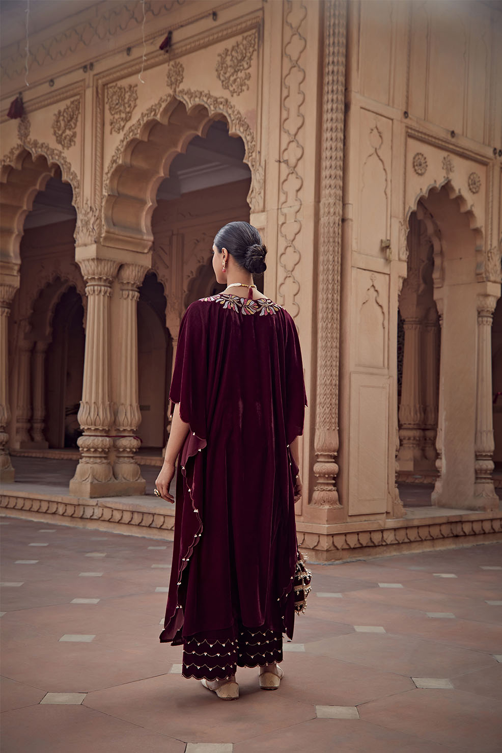 Tamanna Wine Embroidered Velvet Kaftan Set with Pearl Detailing