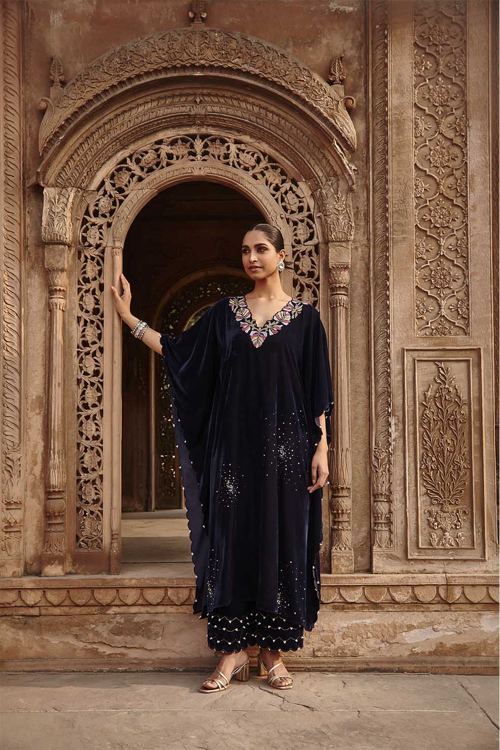 Tamanna Navy Blue Velvet Embroidered Kaftan Set - Luxury Evening Wear