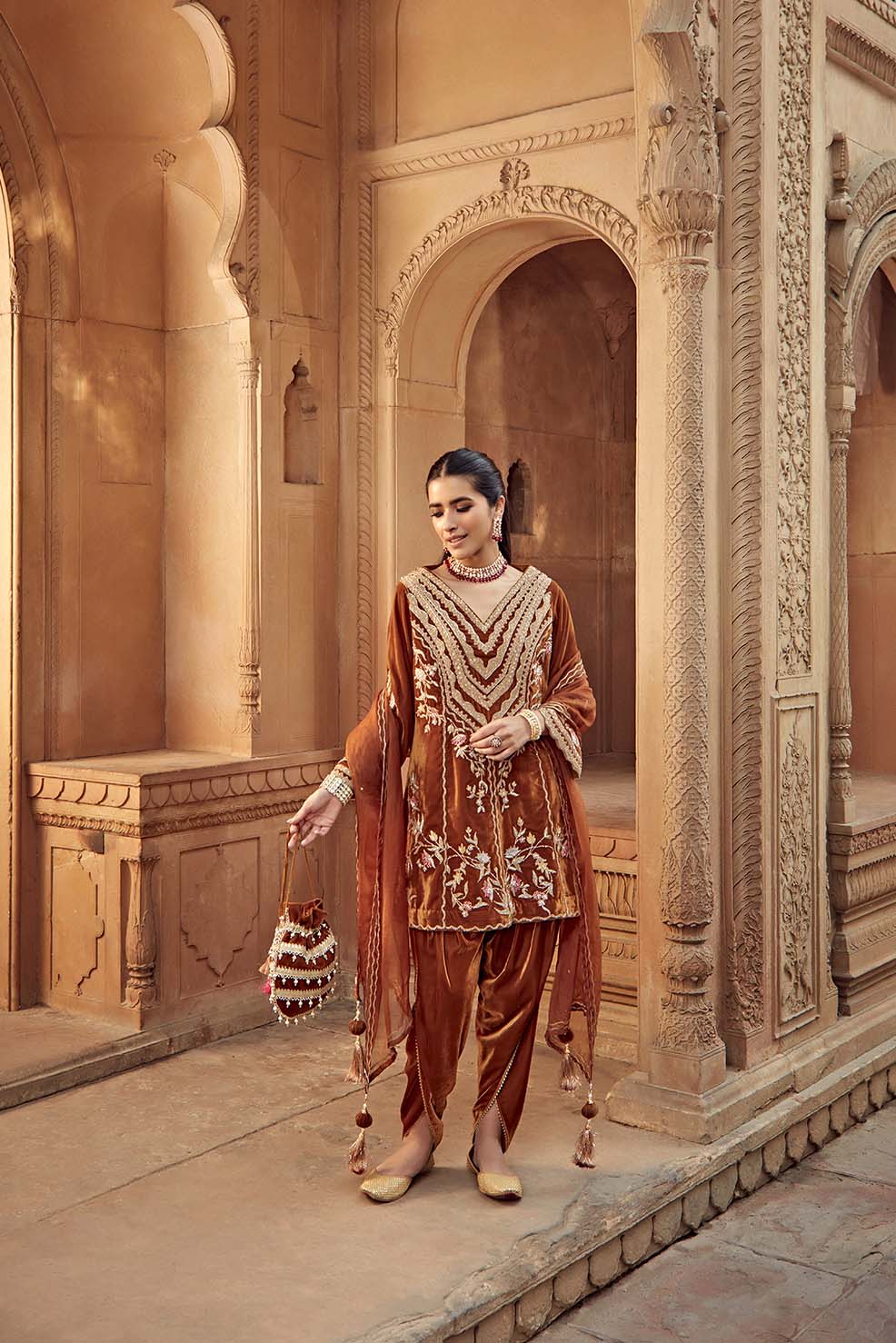 Honey Gold Velvet Kurta with Structured Organza Dupatta - Zahra
