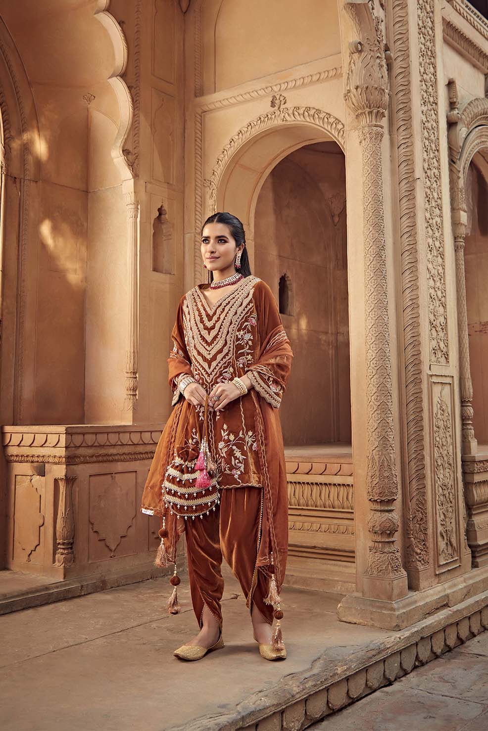 Honey Gold Velvet Kurta with Structured Organza Dupatta - Zahra