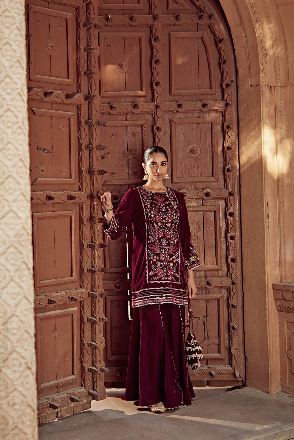 NAZIA Wine Velvet Dori Embroidered Garara Set for Weddings