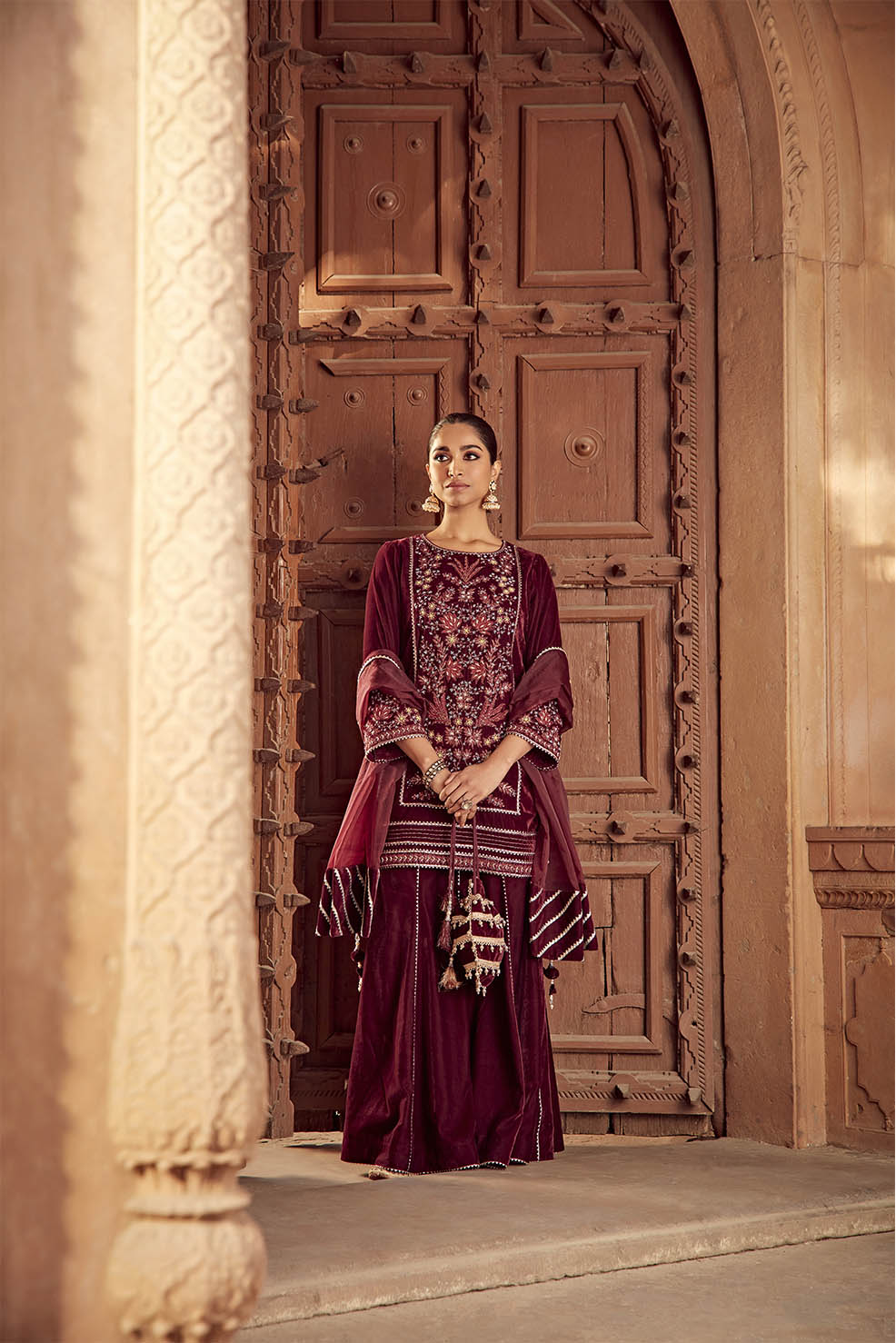 NAZIA Wine Velvet Dori Embroidered Garara Set for Weddings
